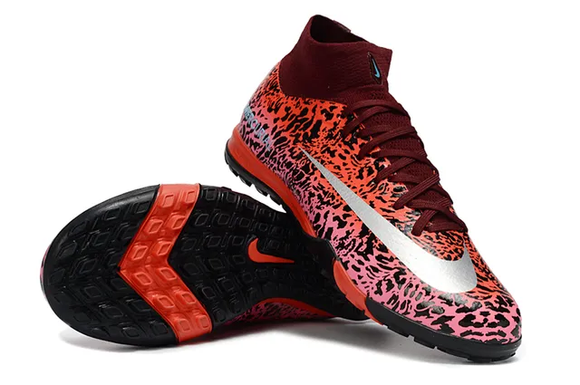 Nike Mercurial Laranja Preto Estampa de Leopardo Parte Superior Sintética Colar Ajuste de Meia Sapatos de Futebol Turf 2