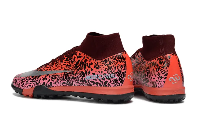 Nike Mercurial Laranja Preto Estampa de Leopardo Parte Superior Sintética Colar Ajuste de Meia Sapatos de Futebol Turf 4