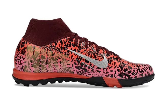 Nike Mercurial Laranja Preto Estampa de Leopardo Parte Superior Sintética Colar Ajuste de Meia Sapatos de Futebol Turf 5