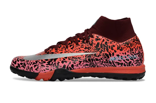 Nike Mercurial Laranja Preto Estampa de Leopardo Parte Superior Sintética Colar Ajuste de Meia Sapatos de Futebol Turf 6