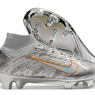Nike Mercurial Silver Orange 高帮 针织构造 金属虹彩鞋面 钉地 足球鞋