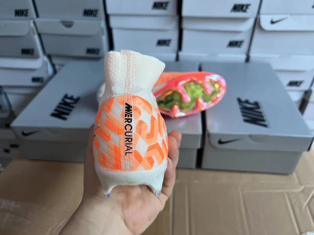 Nike Orange Black Flyknit Upper High-Cut Sock Collar Firm-Ground Soccer Shoes 3