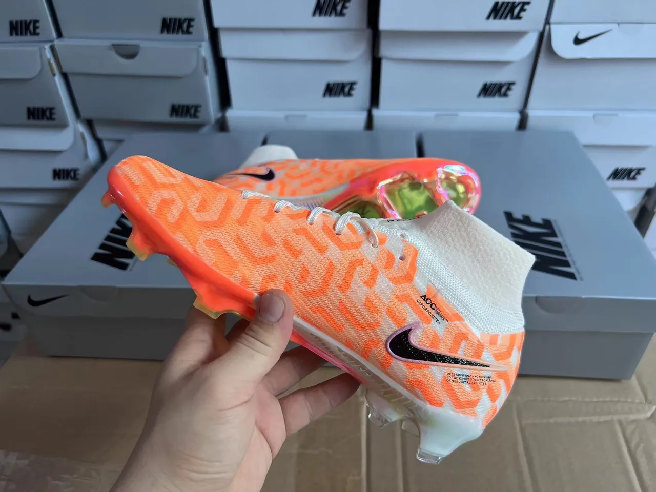 Nike Orange Black Flyknit Upper High-Cut Sock Collar Firm-Ground Soccer Shoes 4