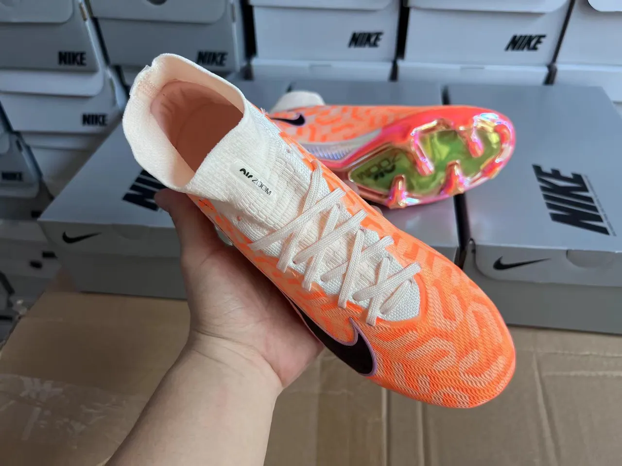 Nike Orange Black Flyknit Upper High-Cut Sock Collar Firm-Ground Soccer Shoes 5