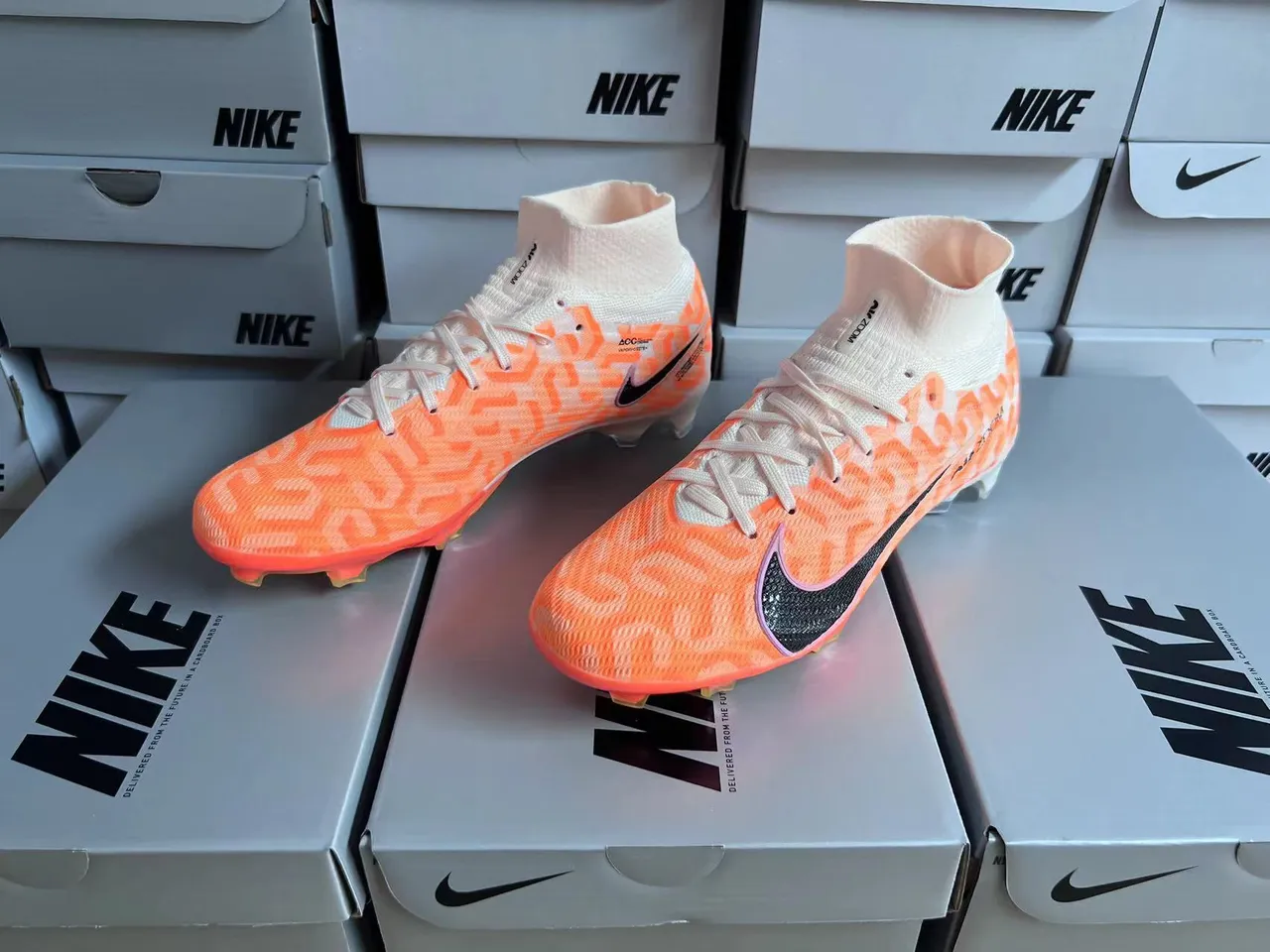 Nike Orange Black Flyknit Upper High-Cut Sock Collar Firm-Ground Soccer Shoes 8