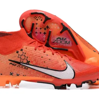 Nike Orange Black High-Cut Knit Collar White Swoosh Overlay Firm-Ground Soccer Shoes