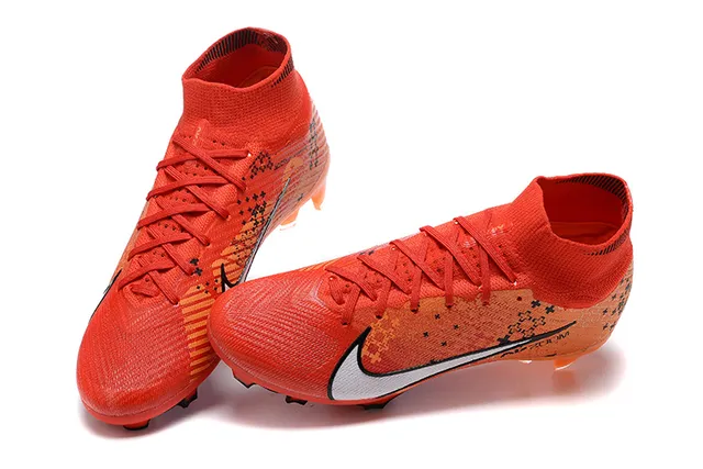 Nike Orange Black High-Cut Knit Collar White Swoosh Overlay Firm-Ground Soccer Shoes 2