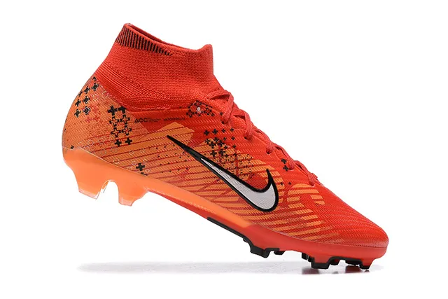 Nike Orange Black High-Cut Knit Collar White Swoosh Overlay Firm-Ground Soccer Shoes 3