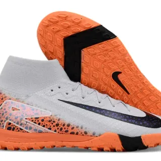 Nike Orange Gray High-Cut Sock-Fit Collar Asymmetric Synthetic Overlay Turf Soccer Shoes