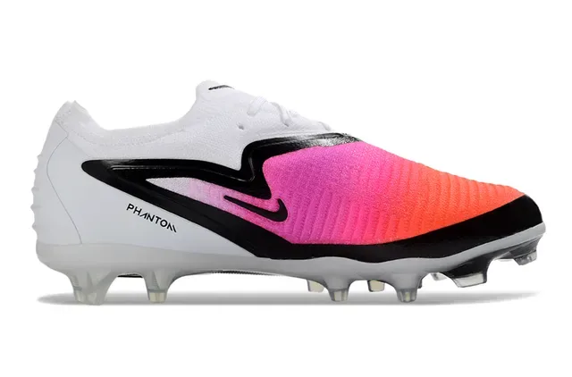 Nike Phantom GT Chaussures de football blanc rose, empiege knit coupe basse, overlay asimétrique noir, terrain ferme 7