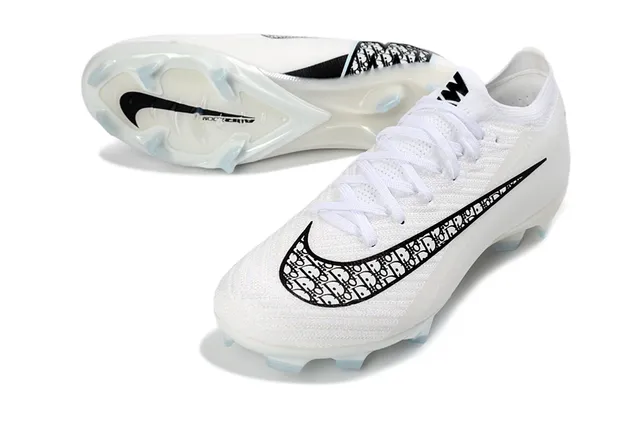 Nike White Black Low-Cut Knit Upper Patterned Swoosh Overlay Firm-Ground Soccer Shoes 2