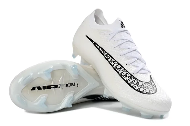 Nike White Black Low-Cut Knit Upper Patterned Swoosh Overlay Firm-Ground Soccer Shoes 6