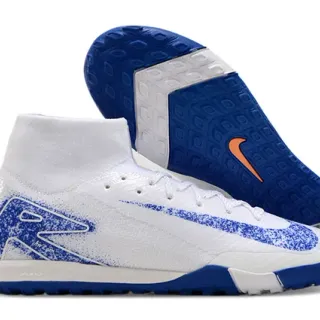 Nike White Blue High-Cut Sock-Fit Collar Textured Knit Upper Turf Soccer Shoes