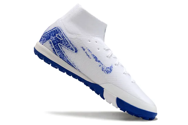 Nike Chaussures de football Turf Blanc Bleu Col Haut Ajustable à la Chaussure Tricot Texturé Haut 2