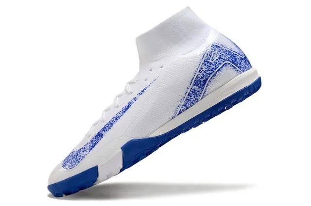 Nike Chaussures de football Turf Blanc Bleu Col Haut Ajustable à la Chaussure Tricot Texturé Haut 3