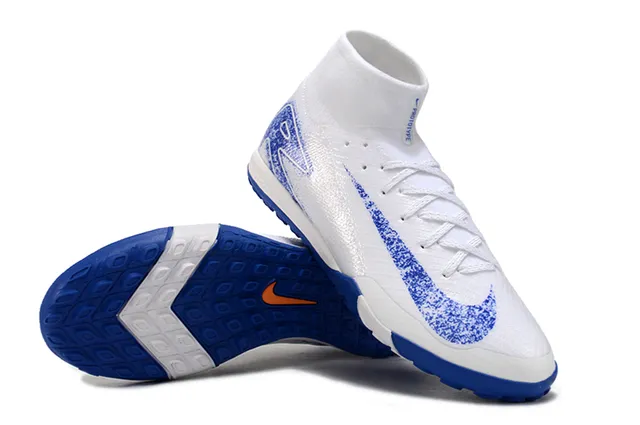 Nike Chaussures de football Turf Blanc Bleu Col Haut Ajustable à la Chaussure Tricot Texturé Haut 4