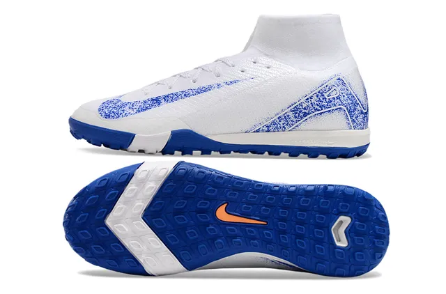 Nike Chaussures de football Turf Blanc Bleu Col Haut Ajustable à la Chaussure Tricot Texturé Haut 6