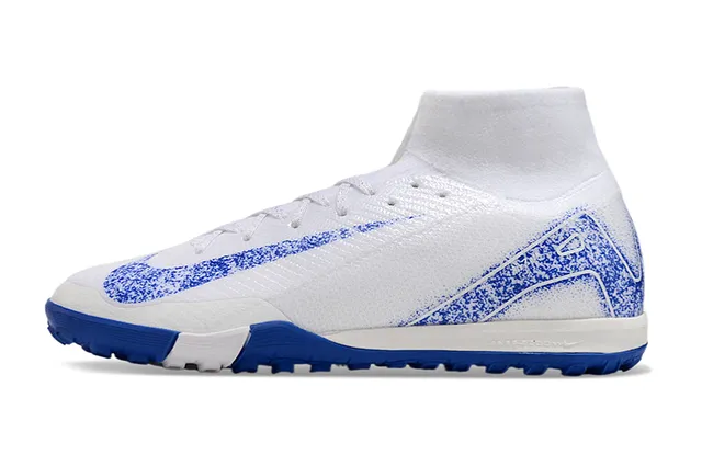 Nike Chaussures de football Turf Blanc Bleu Col Haut Ajustable à la Chaussure Tricot Texturé Haut 7