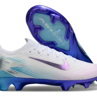 Nike White Blue Knit Upper Iridescent Swoosh Firm-Ground Soccer Shoes