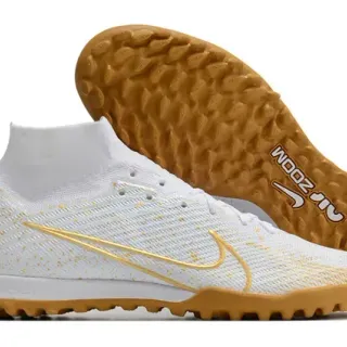 Nike White Gold Flyknit Upper Sock-Fit Collar Zapatillas de fútbol para turf
