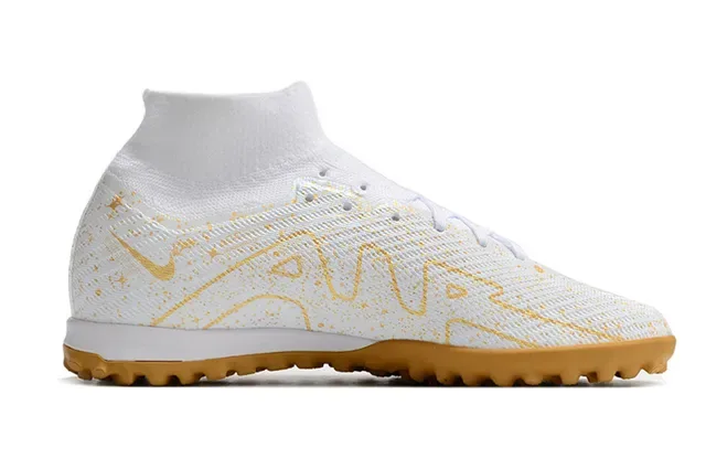 Nike White Gold Flyknit Upper Sock-Fit Collar Chaussures de football turf 5