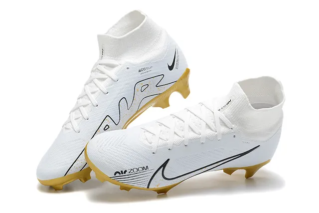 Nike White Gold High-Cut Knit Upper Sock-Fit Collar Firm-Ground Soccer Shoes 2