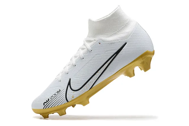 Nike White Gold High-Cut Knit Upper Sock-Fit Collar Firm-Ground Soccer Shoes 4