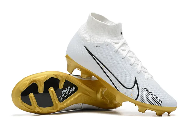 Nike White Gold High-Cut Knit Upper Sock-Fit Collar Firm-Ground Soccer Shoes 6