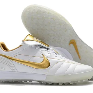 Nike Branco Dourado Baixo Corte Superior Sintético Vamp Acolchoado Césped Artificial Sapatos de Futebol