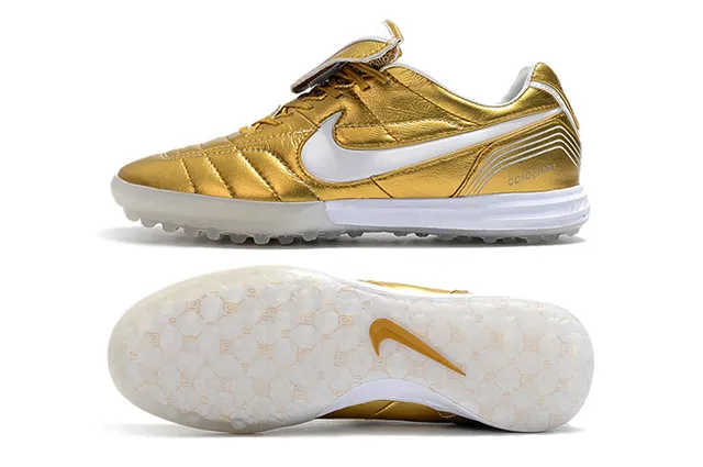 Nike Branco Dourado Baixo Corte Superior Sintético Vamp Acolchoado Césped Artificial Sapatos de Futebol 10