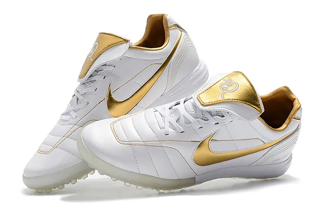 Nike Branco Dourado Baixo Corte Superior Sintético Vamp Acolchoado Césped Artificial Sapatos de Futebol 22