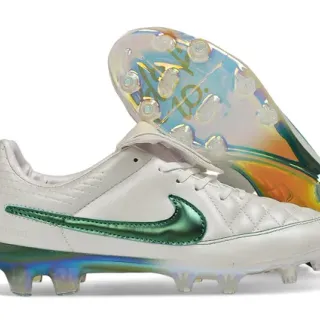 Nike White Green Quilted Leather Upper Metallic Swoosh Firm-Ground Soccer Shoes
