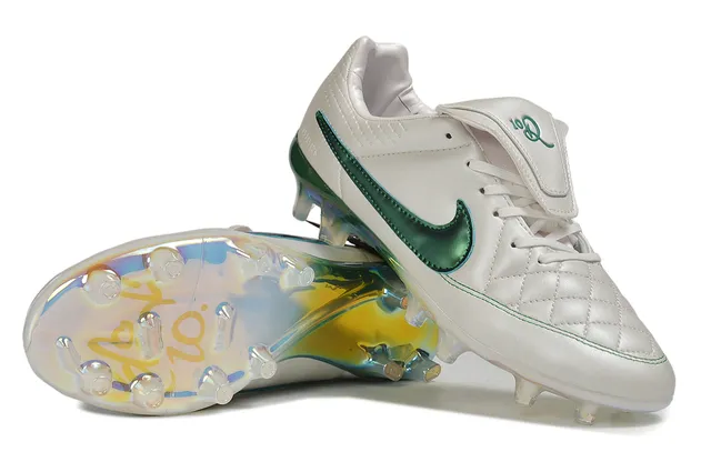 Nike White Green Quilted Leather Upper Metallic Swoosh Firm-Ground Soccer Shoes 4