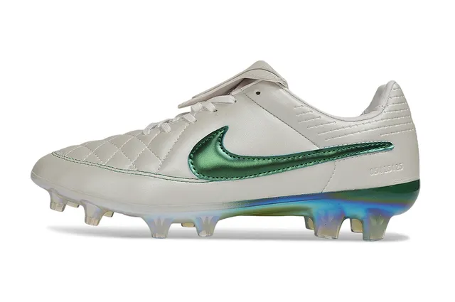 Nike White Green Quilted Leather Upper Metallic Swoosh Firm-Ground Soccer Shoes 6