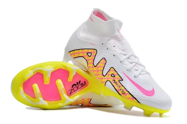 Nike Chaussures de football blanc et rose haut col Flyknit overlay géométrique néon terrain ferme 2