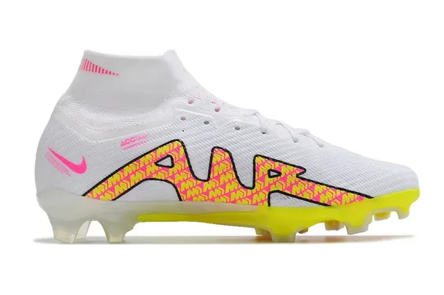 Nike Chaussures de football blanc et rose haut col Flyknit overlay géométrique néon terrain ferme 5