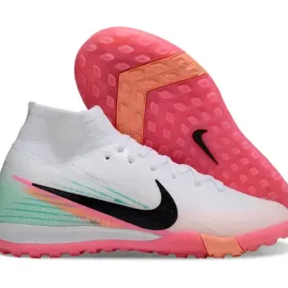 Nike Zapatillas de Fútbol Blancas y Rosadas con Upper de Knit, Cuello a Calcetín, para Césped Artificial