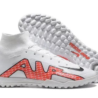 Nike White Red High-Cut Sock-Fit Collar Synthetic Knit Upper Turf Soccer Shoes