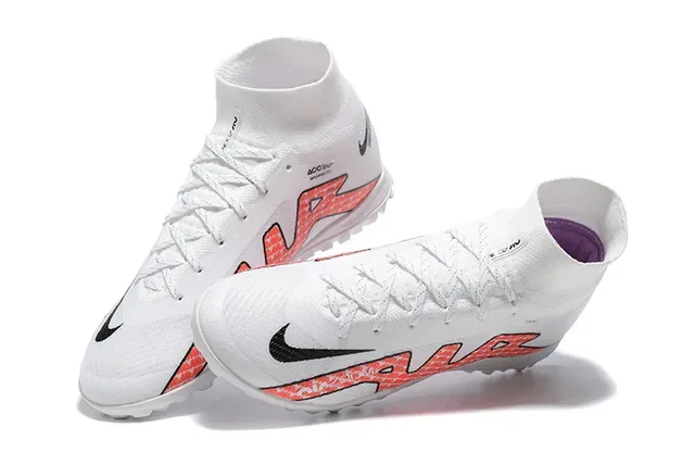 Nike Tênis de futebol para gramado brancas e vermelhas alto corte collar ajuste calcetim upper sintético tricotado 2