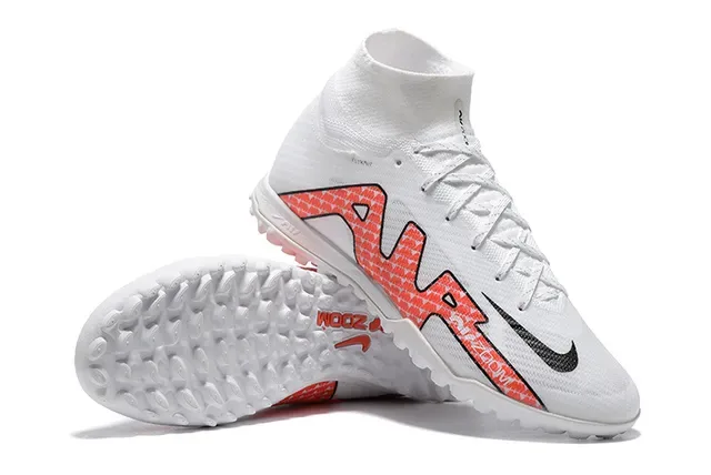 Nike Tênis de futebol para gramado brancas e vermelhas alto corte collar ajuste calcetim upper sintético tricotado 6