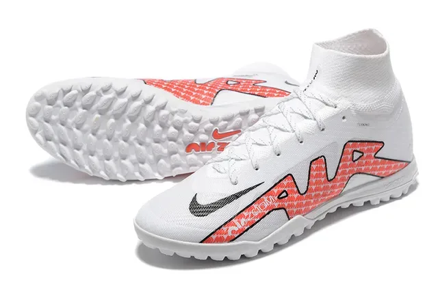 Nike Tênis de futebol para gramado brancas e vermelhas alto corte collar ajuste calcetim upper sintético tricotado 7