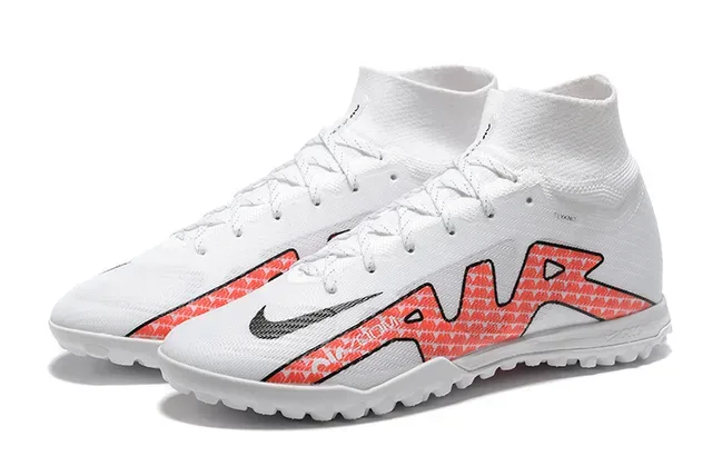 Nike Tênis de futebol para gramado brancas e vermelhas alto corte collar ajuste calcetim upper sintético tricotado 8
