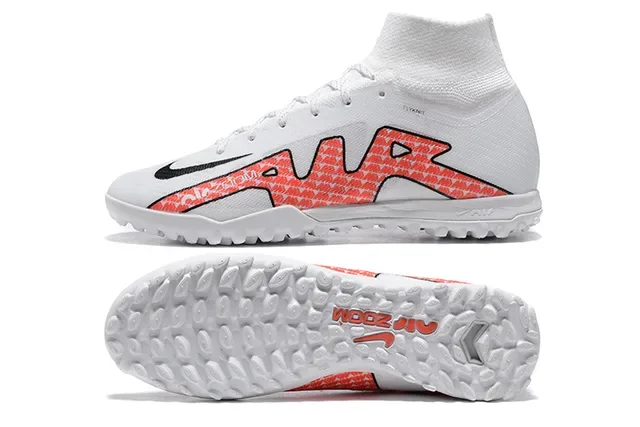 Nike Tênis de futebol para gramado brancas e vermelhas alto corte collar ajuste calcetim upper sintético tricotado 9