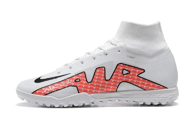 Nike Tênis de futebol para gramado brancas e vermelhas alto corte collar ajuste calcetim upper sintético tricotado 10