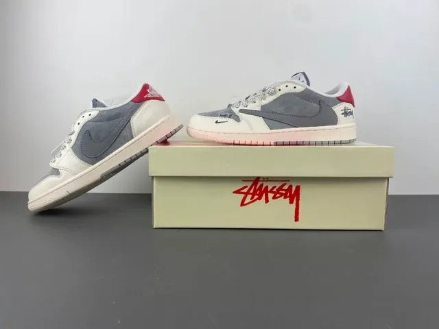 Nike x Stussy Dunk Low Off-White Gray Red Lifestyle Sneakers 14