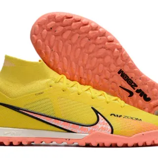 Nike Amarelo Laranja Corte Alto Ajuste Meia Superior Flyknit Construção Grama Artificial Sapatos de Futebol