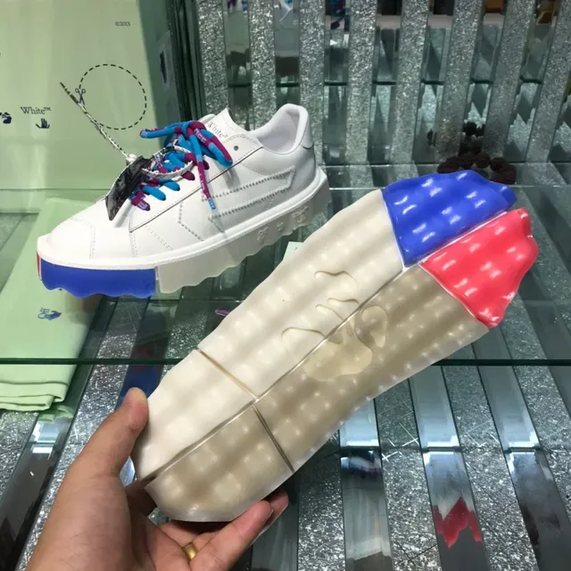 Off-White Parte superior de couro azul cadarços industriais multicolor tênis lifestyle 3