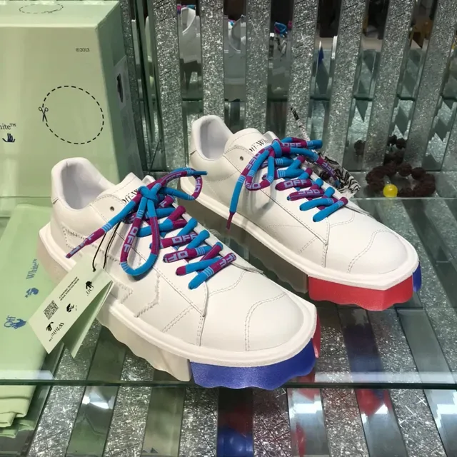 Off-White Parte superior de couro azul cadarços industriais multicolor tênis lifestyle 7