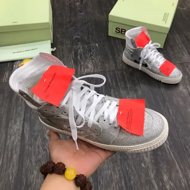 Off-White The Ten tênis lifestyle de cano alto prata vermelho glitter superior 7