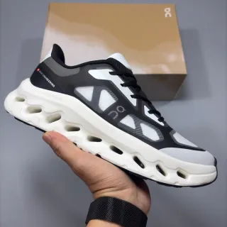 On Black White Sculpted Open-Cell Midsole Geometric Mesh Overlay Running Shoes